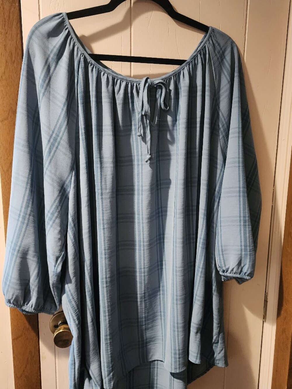 **Catherines Light Blue Plaid Peasant Blouse | Women's 3X (26/28W)**